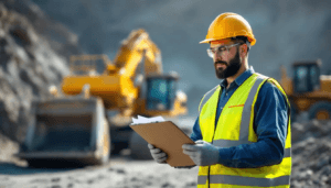 Australian High Risk Work Training: A mining equipment operator is reviewing safety documentation before starting work, ensuring compliance with high risk work licensing requirements