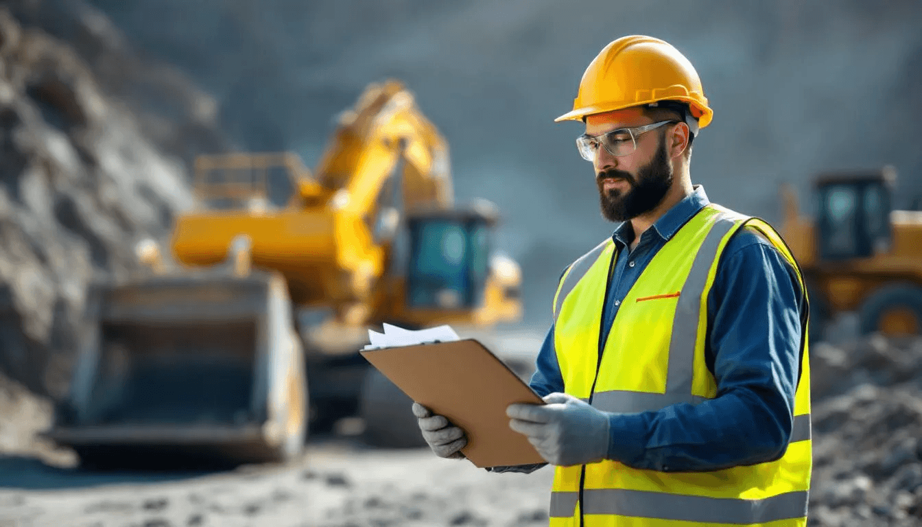 Australian High Risk Work Training: A mining equipment operator is reviewing safety documentation before starting work, ensuring compliance with high risk work licensing requirements