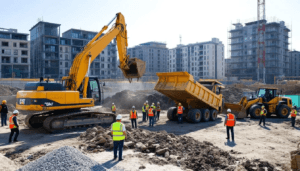 lian High Risk Work Training: In a bustling construction worksite, several construction workers are seen operating heavy machinery, including a mobile crane and a forklift truck. The scene highlights the importance of high risk work licensing and training