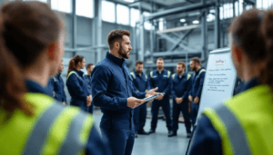Australian High Risk Work Training: In a modern training facility, an instructor is demonstrating safety procedures to a group of trainees, focusing on high risk work practices essential for obtaining a high risk work licence. The trainees are attentive,