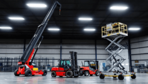 The image showcases various types of industrial equipment, including cranes, forklifts, and elevated work platforms, highlighting essential tools for performing high risk work. This equipment is crucial for operations that require a high risk work licence, ensuring safety and efficiency in industries such as construction and mining. Australian High Risk Work Training.