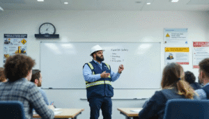 In a classroom setting, an instructor is explaining forklift safety principles to a group of students, who are engaged in learning about the key benefits of forklift training. The scene highlights the importance of comprehensive training for obtaining a forklift licence and preparing for practical assessments in a structured training centre.