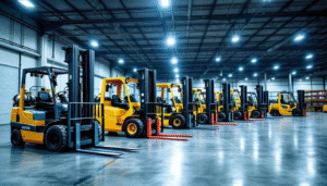 In a training warehouse, various types of forklifts, including counterbalance and reach trucks, are displayed, showcasing a comprehensive range of equipment used in Australian forklift training. The setting emphasizes practical assessment and theory training for individuals pursuing their forklift licence through engaging forklift training programs.